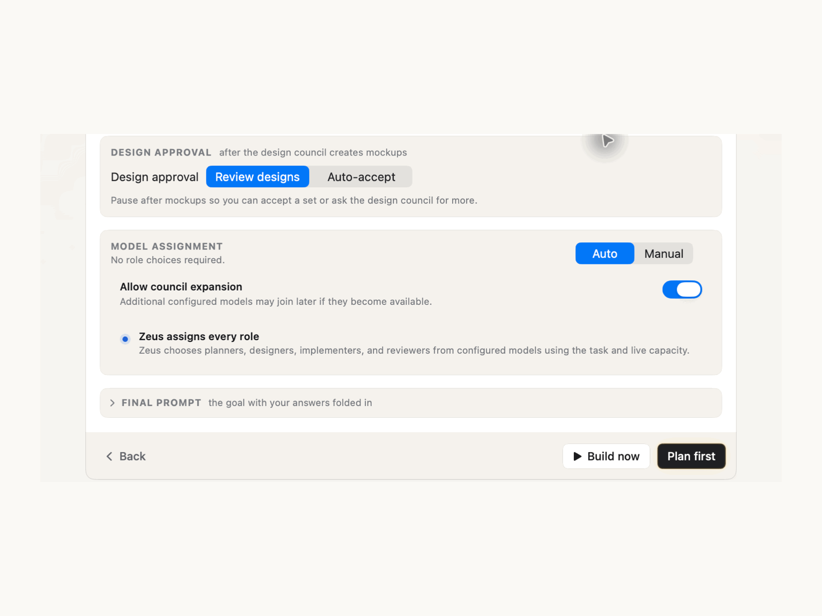 Zeus Build screen switching from automatic to manual council assignment
